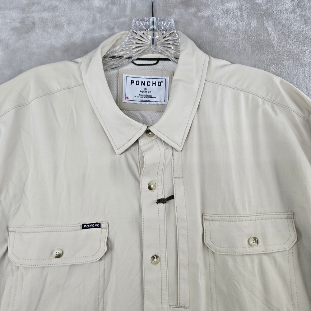 Poncho Shirt Mens XL Beige Short Sleeve Magnetic Pockets Vented Fishing Utility